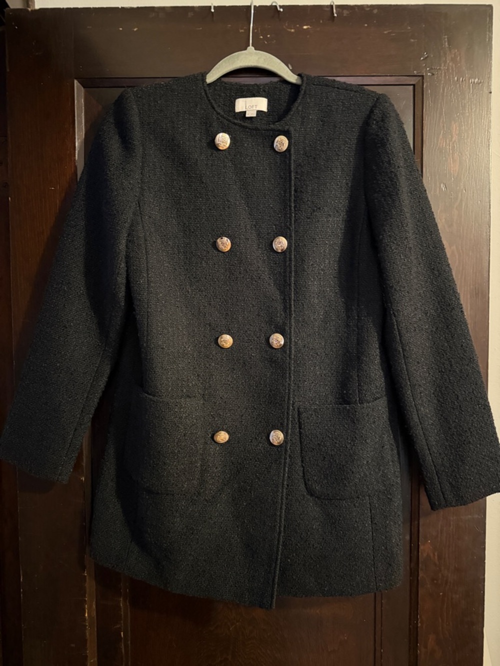 NWOT LOFT Black Bouclé Double-Breasted Pea Coat with Gold Buttons